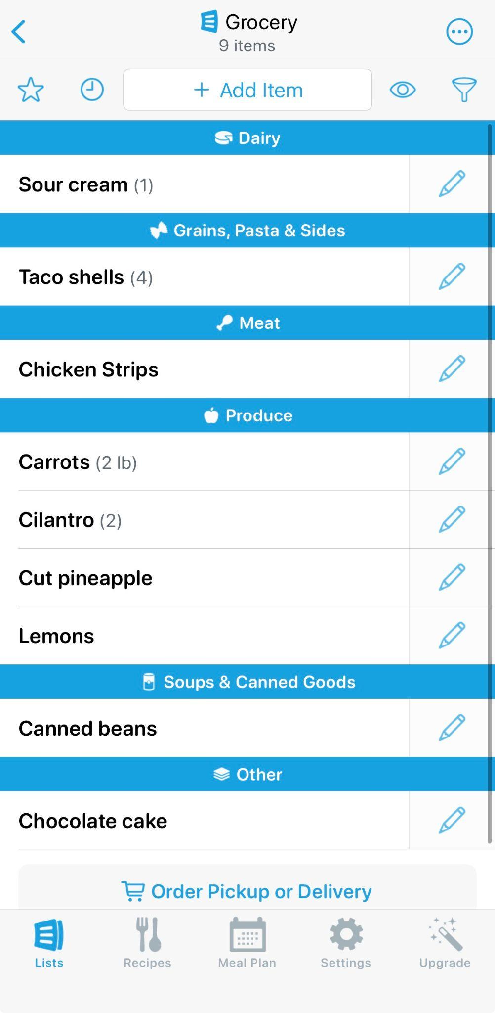 AnyList grocery list sorted into Dairy, Grains, Meat, Produce and Soups & Canned Goods sections