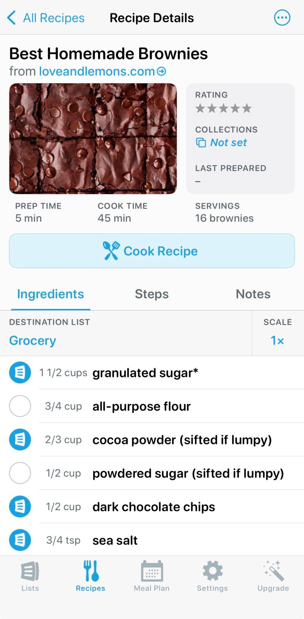 AnyList recipe detail screen for an imported brownie recipe, with ingredients checkable into a destination list