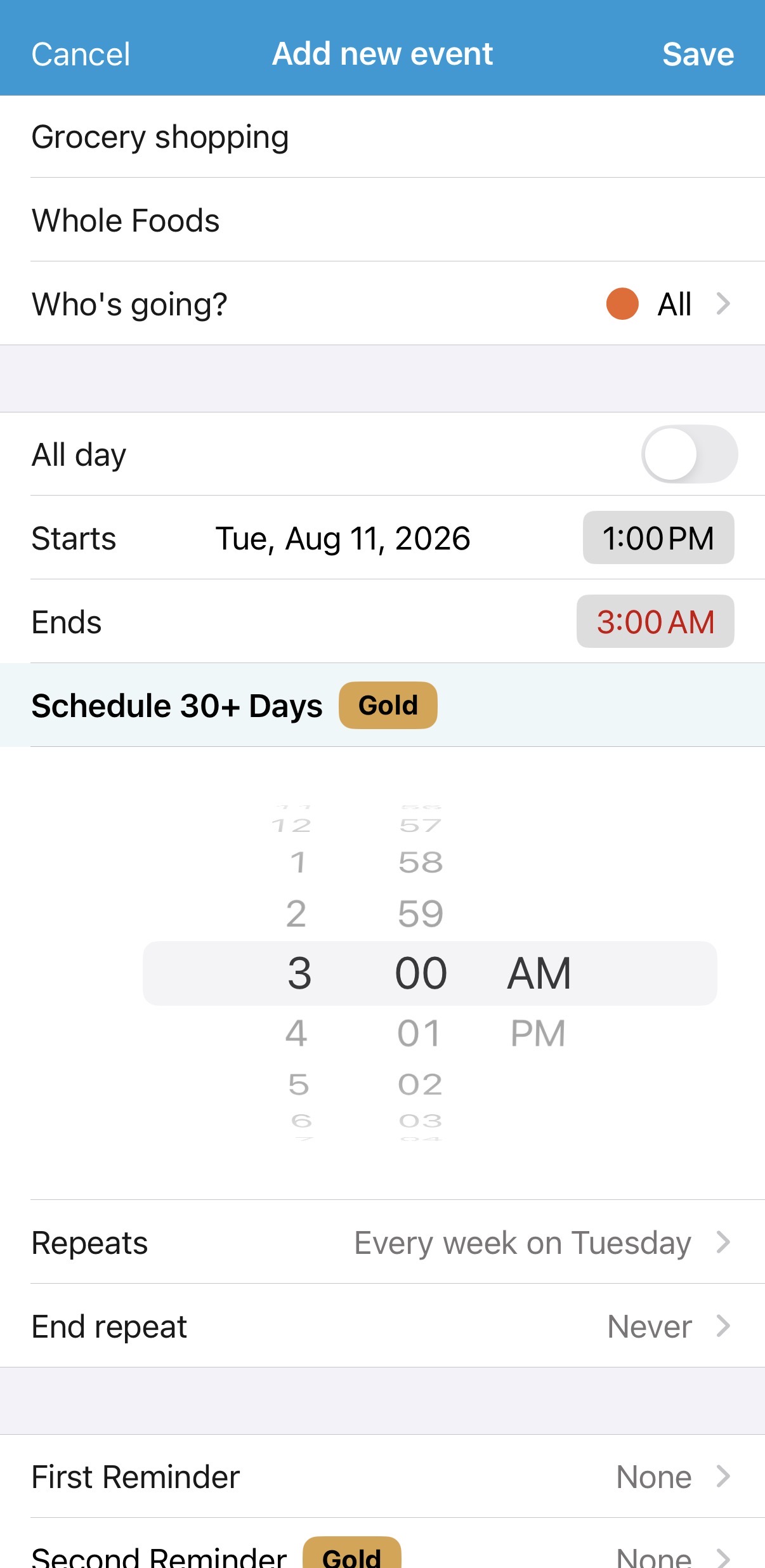 Cozi add-new-event screen with a Schedule 30+ Days row locked behind a Gold badge