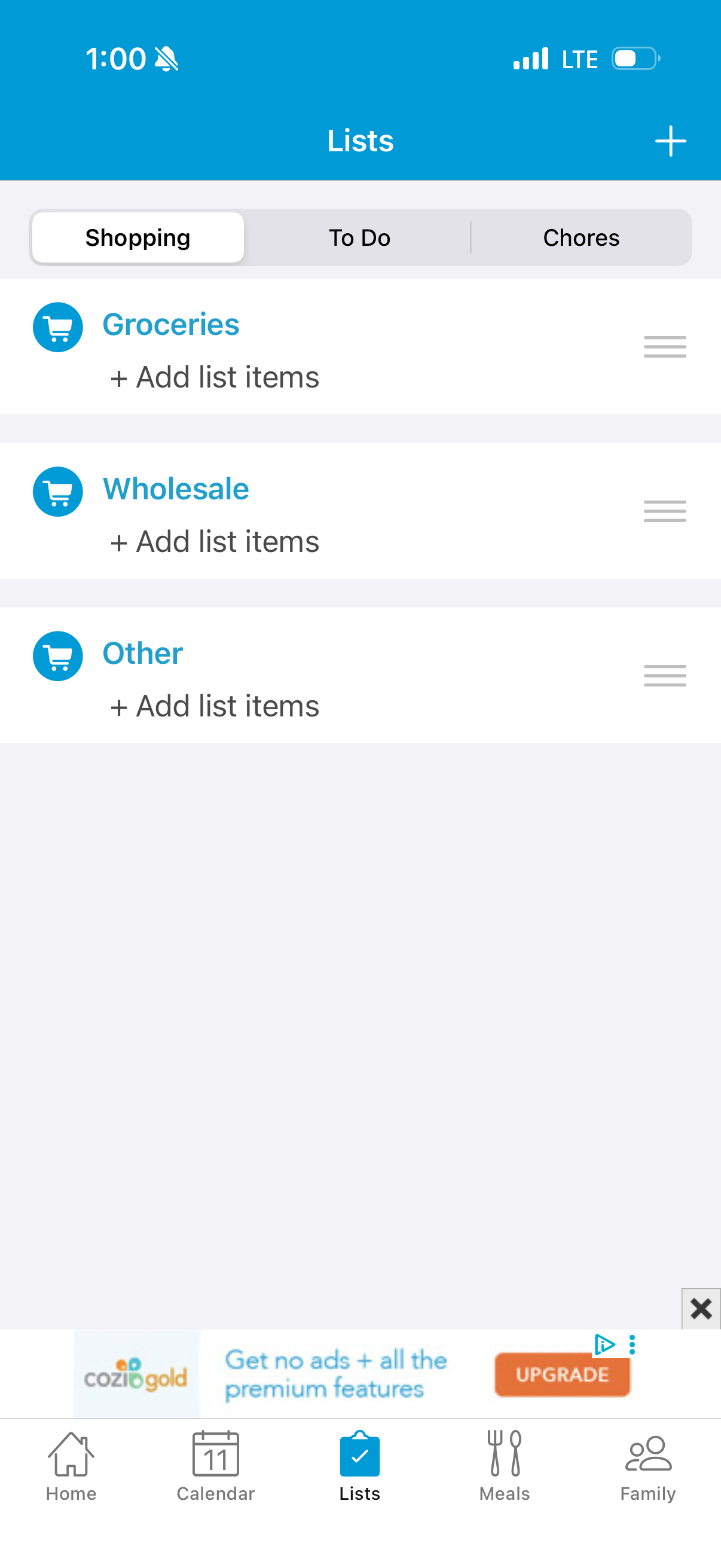 Cozi shopping lists screen with Groceries, Wholesale and Other lists and a Cozi Gold upgrade ad