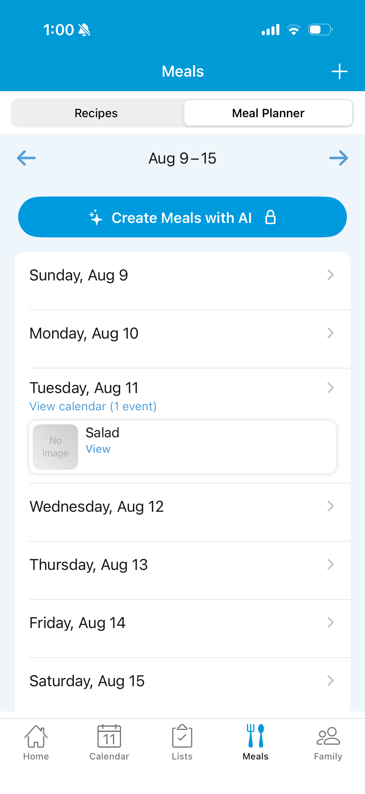 Cozi meal planner for the week of Aug 9-15 with a locked Create Meals with AI button