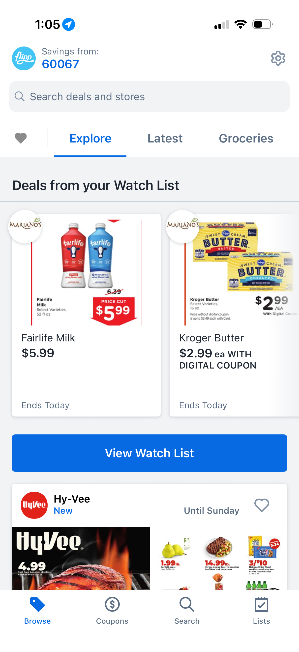 Flipp browse screen showing deals from a watch list and a Hy-Vee weekly flyer