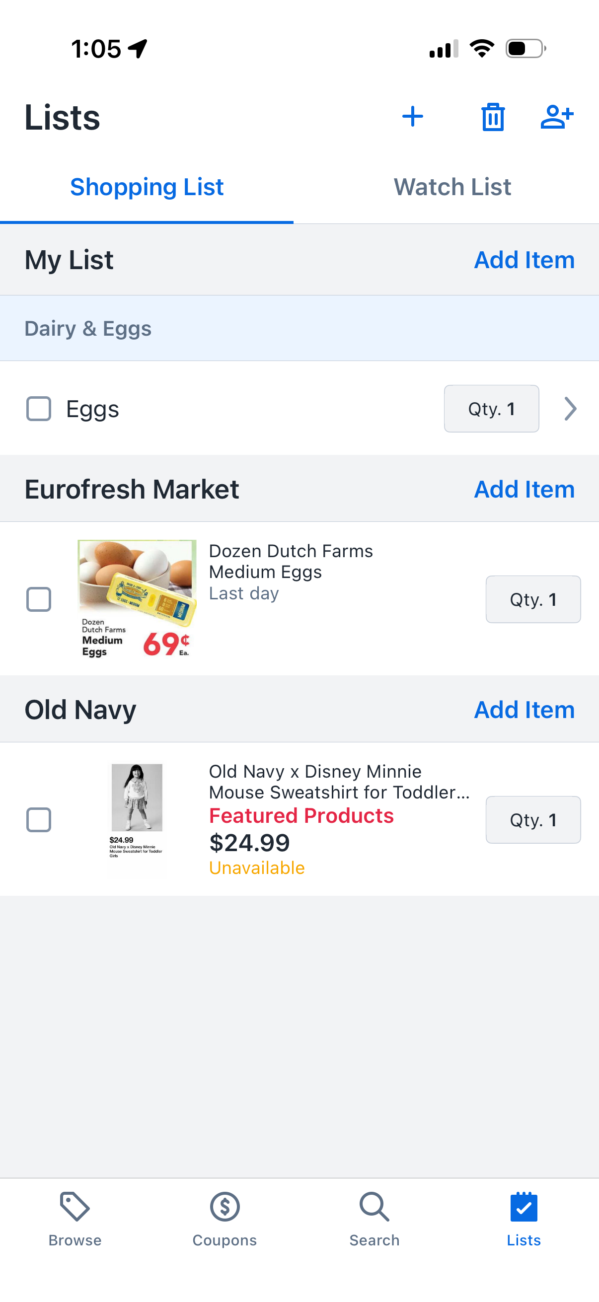 Flipp shopping list screen where items are grouped by retailer and attached to flyer deals