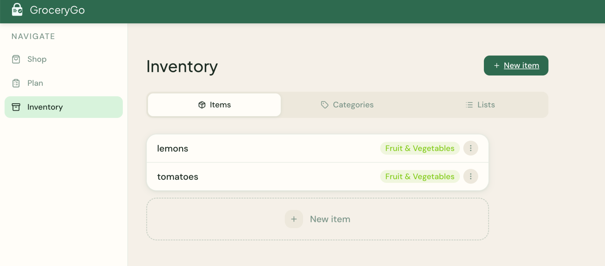 GroceryGo web inventory screen with two manually entered items, lemons and tomatoes