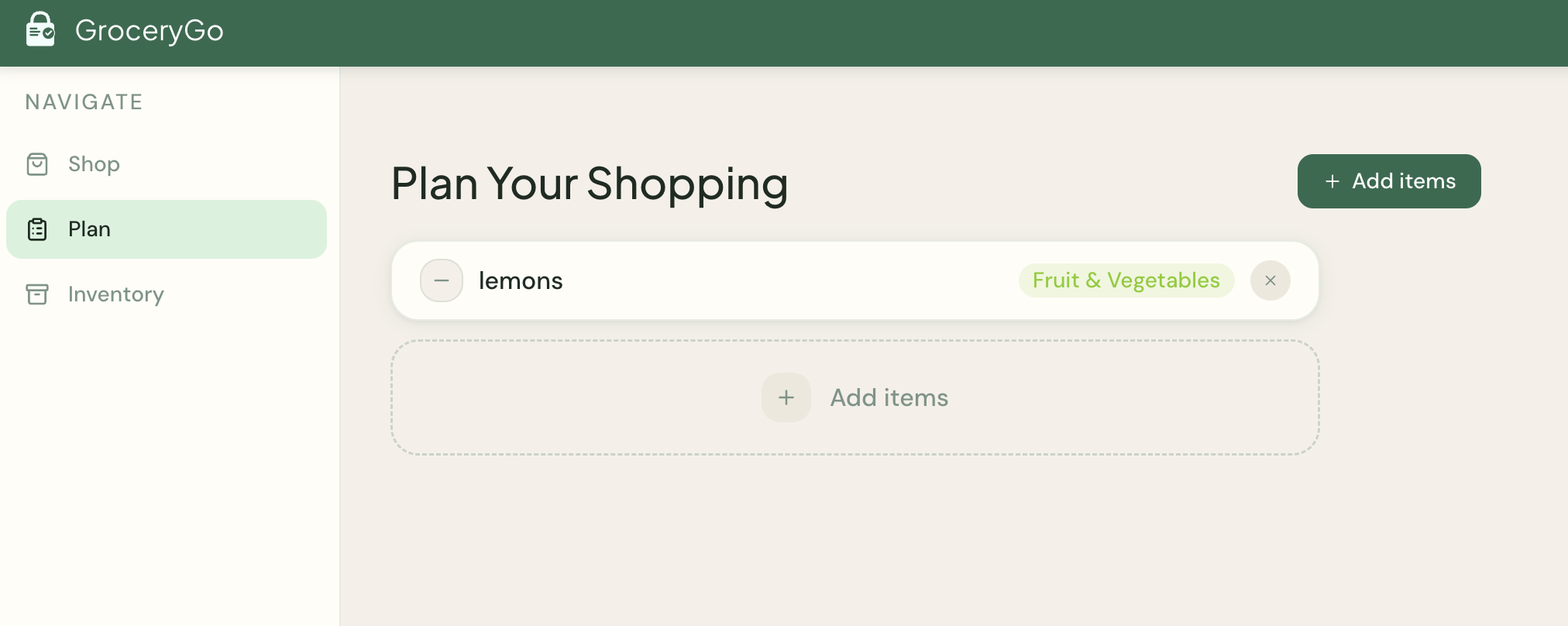 GroceryGo Plan Your Shopping screen with a single item, lemons, pulled from inventory