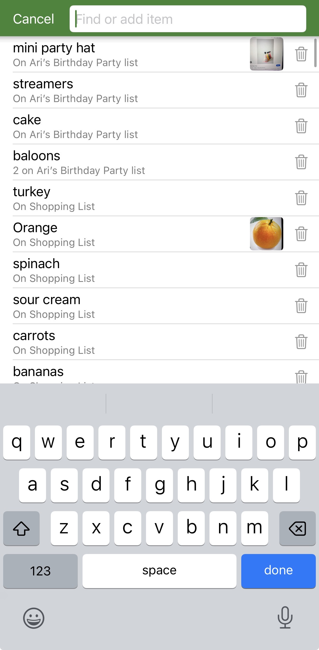 OurGroceries add-item screen showing previously used items across lists with a keyboard open