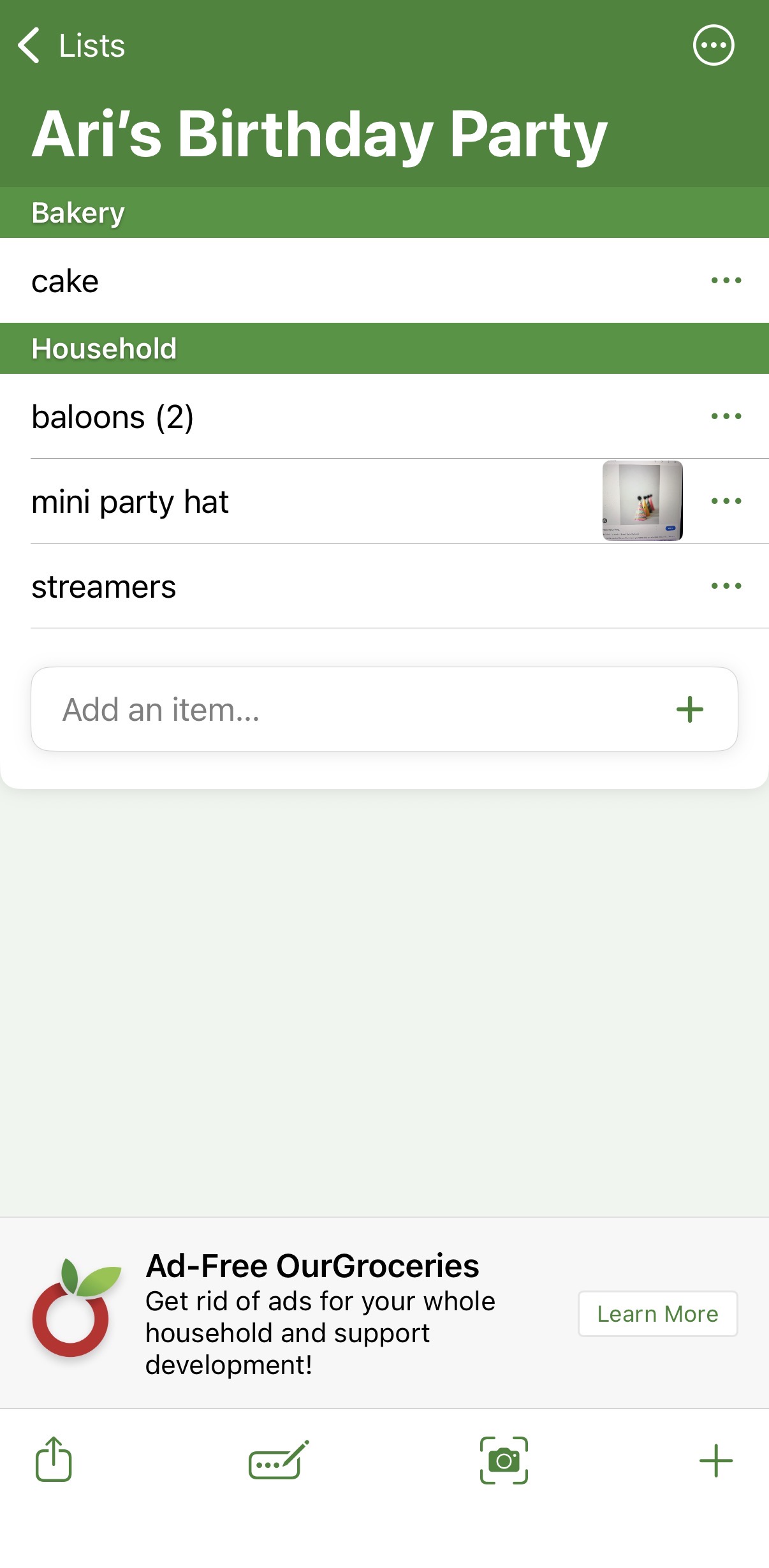 OurGroceries list titled Ari's Birthday Party, grouped into Bakery and Household, with an ad-free upsell banner at the bottom